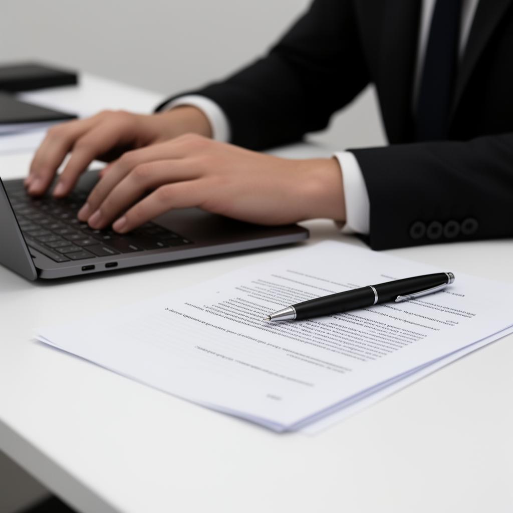 Advogado trabalhando em notebook com documentos